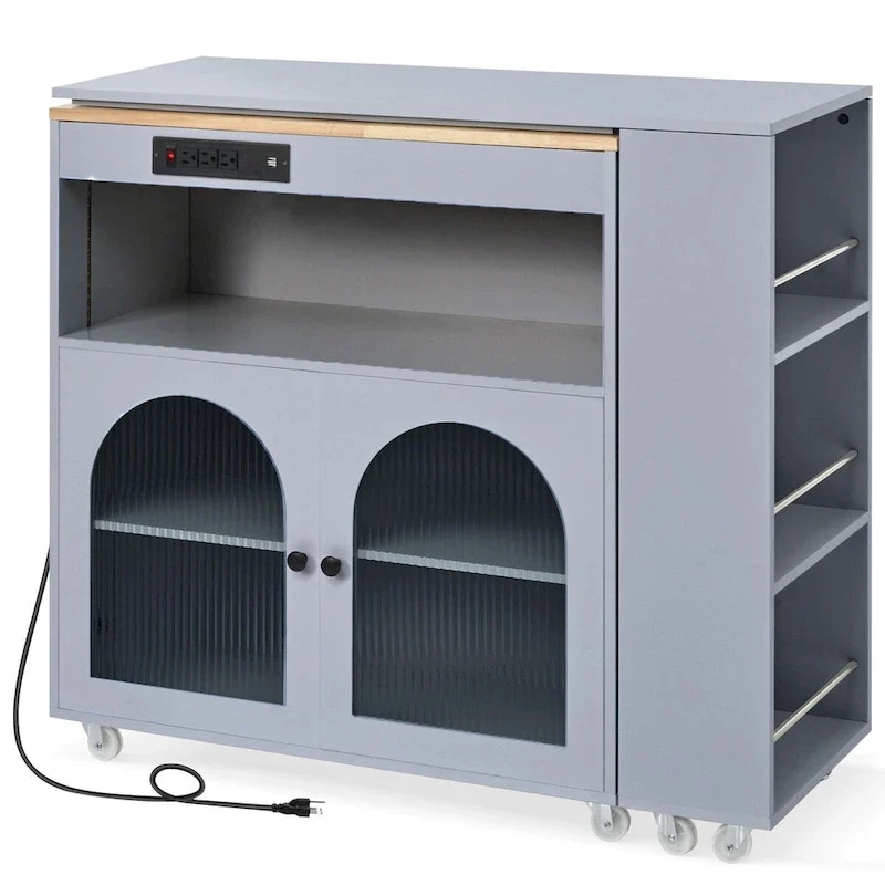 33 in. W Kitchen Island Rubberwood Top on 8 Wheels With Extended Table, LED Lights, Power Outlets