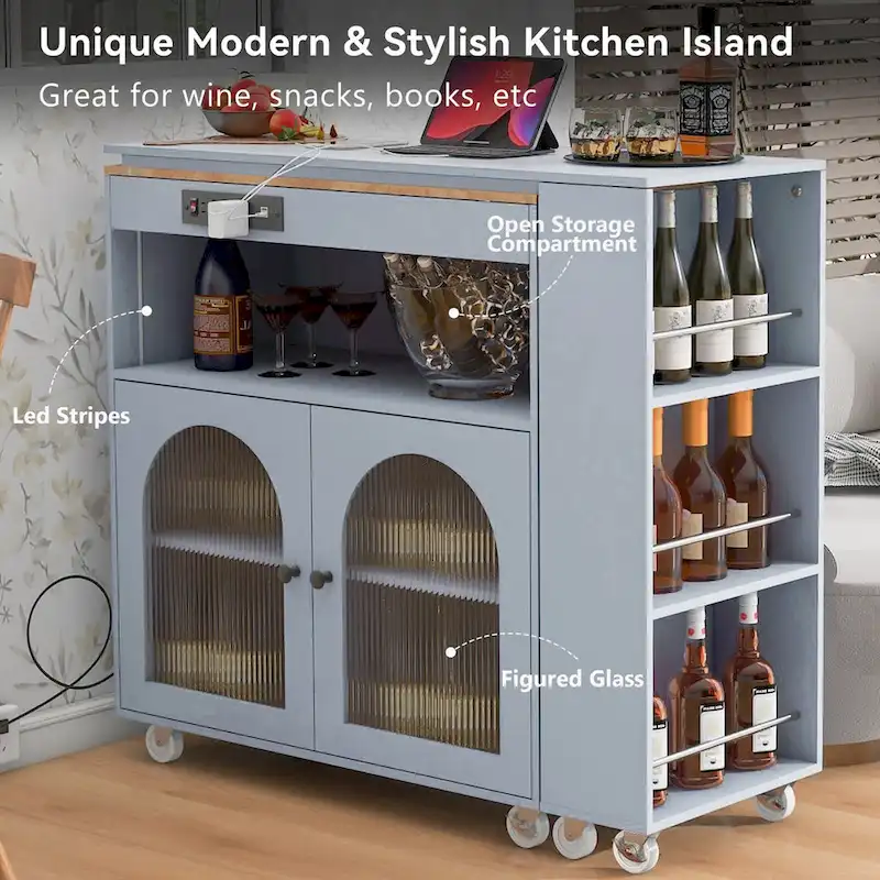 33 in. W Kitchen Island Rubberwood Top on 8 Wheels With Extended Table, LED Lights, Power Outlets