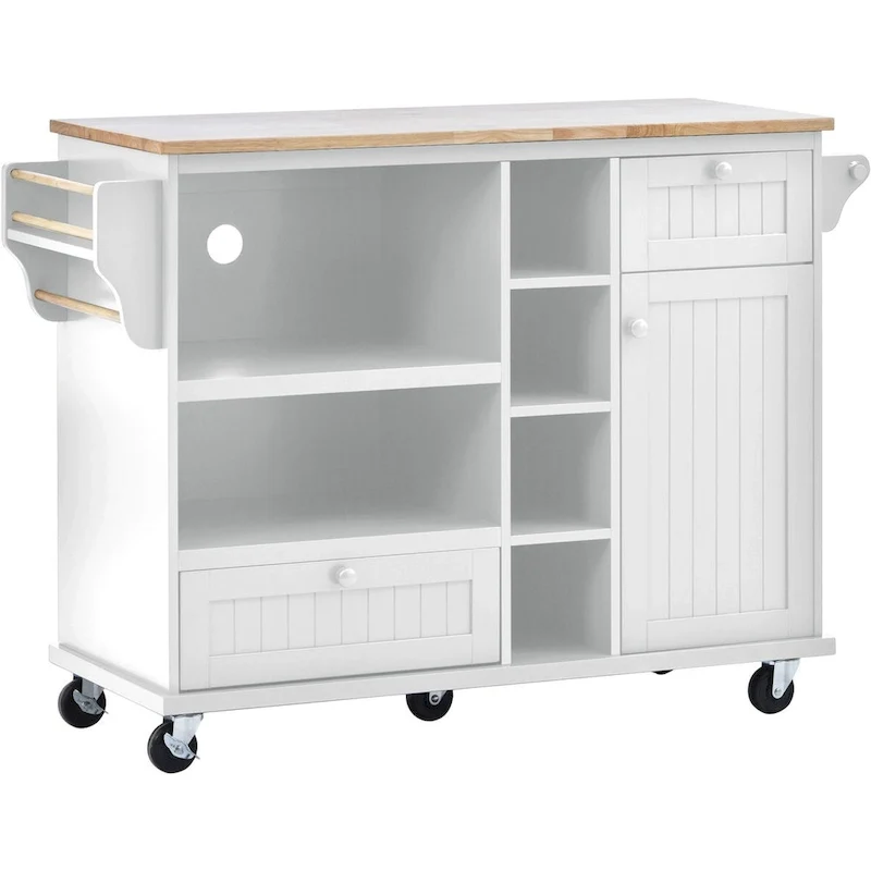 Kitchen Island Cart with Wood Top and Open Storage Microwave Oven Cabinet