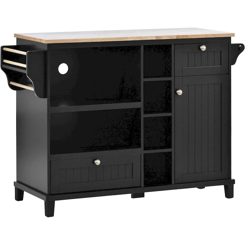 Kitchen Island Cart with Wood Top and Open Storage Microwave Oven Cabinet