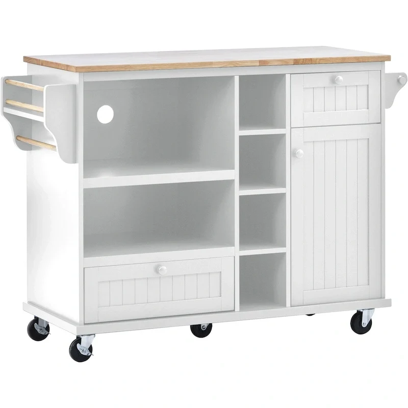 Kitchen Island Cart with Wood Top and Open Storage Microwave Oven Cabinet