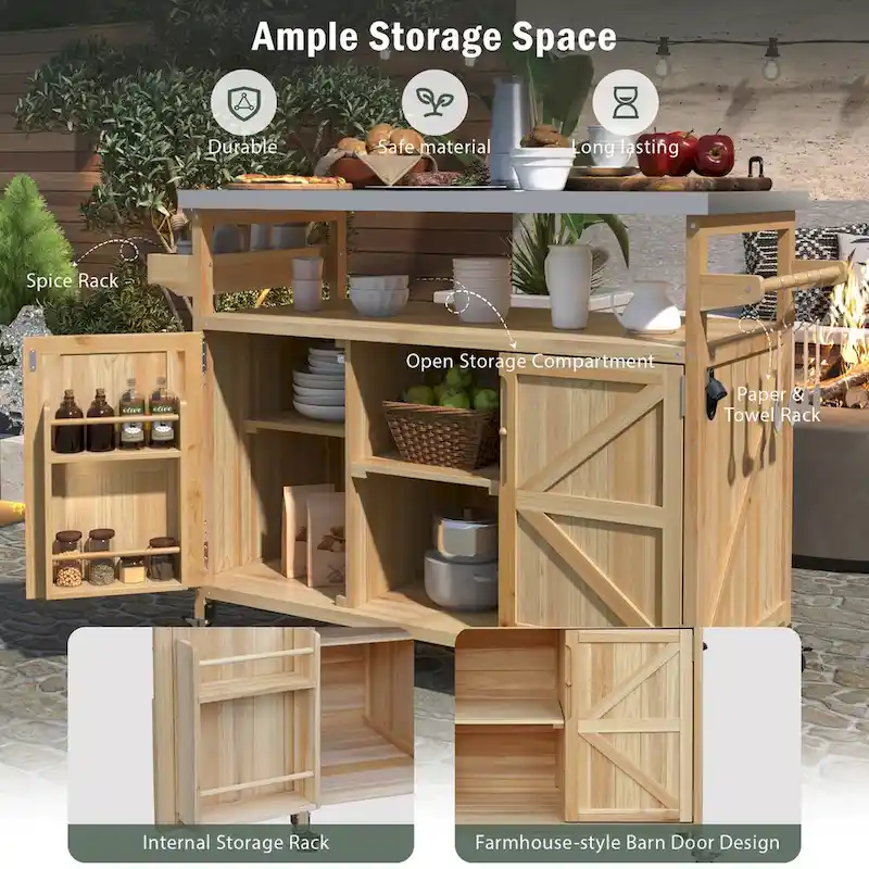 Outdoor Kitchen Island, Rolling Bar Cart & Storage Cabinet,Solid Wood Grill Table with Stainless Steel Top,Spice Rack,Towel Rack