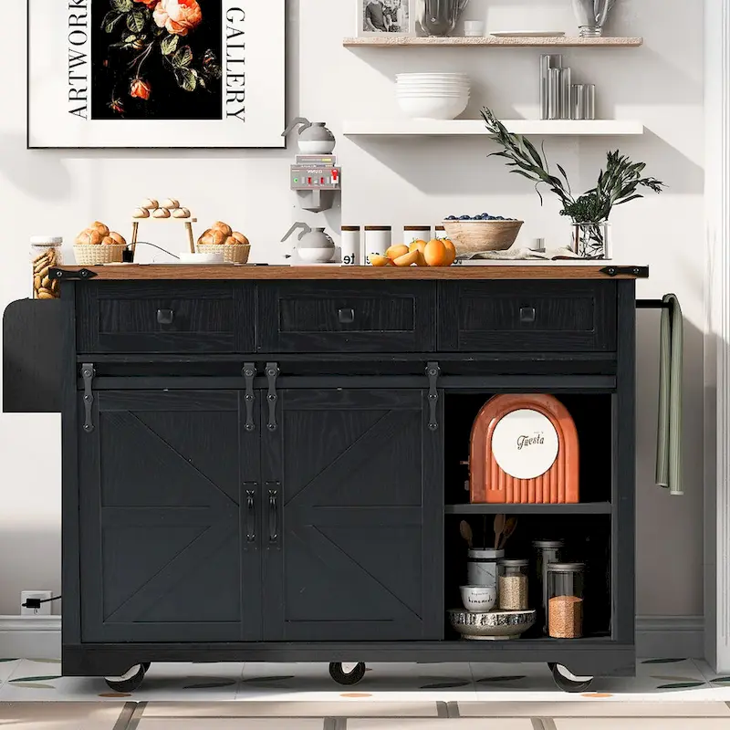 53.7 Farmhouse Kitchen Island with Power Outlet, 2 Sliding Barn Doors, Drop Leaf Storage, Spice Rack Cart On Wheels.