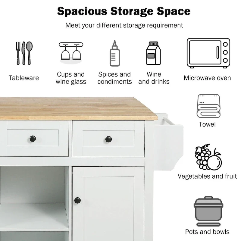 Kitchen Cart with Rubber Wood Drop-Leaf Countertop , Internal Storage Racks