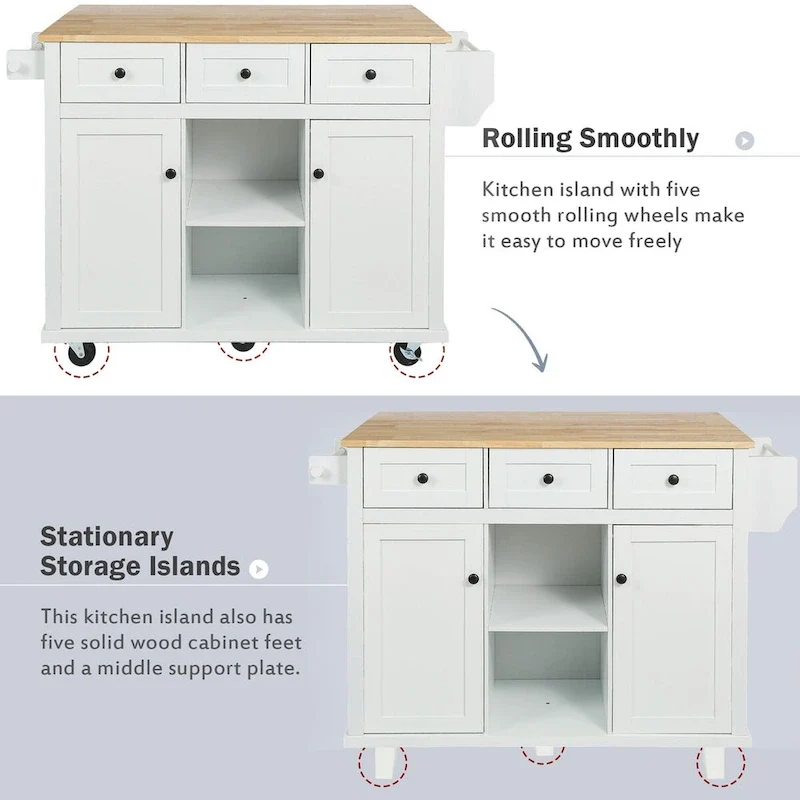 Kitchen Cart with Rubber Wood Drop-Leaf Countertop , Internal Storage Racks