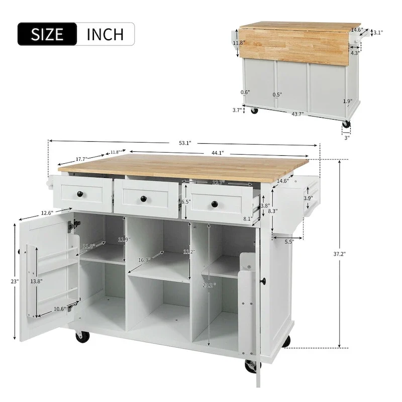 Kitchen Cart with Rubber Wood Drop-Leaf Countertop , Internal Storage Racks
