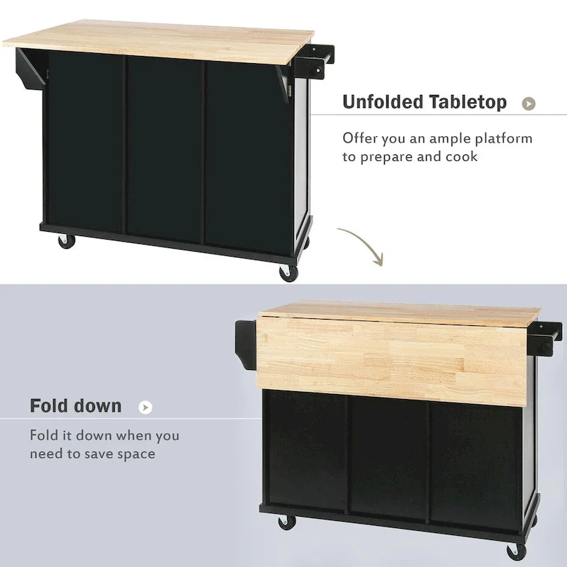 Kitchen Cart with Rubber Wood Drop-Leaf Countertop , Internal Storage Racks