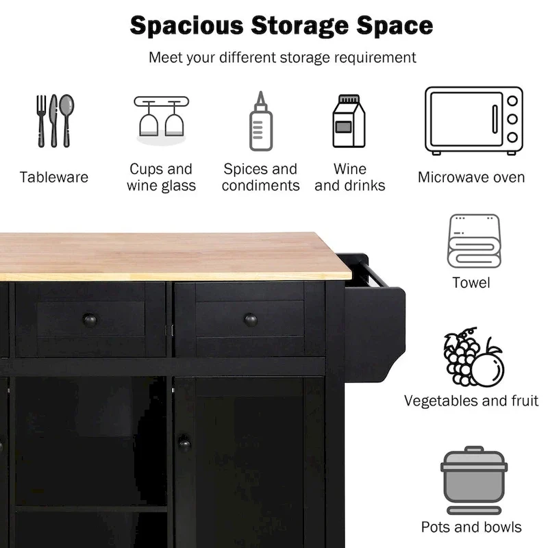 Kitchen Cart with Rubber Wood Drop-Leaf Countertop , Internal Storage Racks
