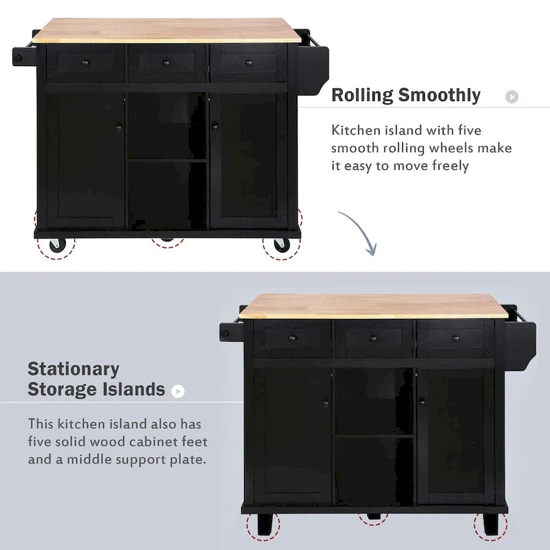 Kitchen Cart with Rubber Wood Drop-Leaf Countertop , Internal Storage Racks