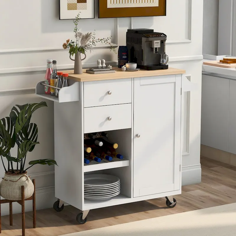 41.3 in. Rolling Kitchen Island with Spice Rack and Two Drawers