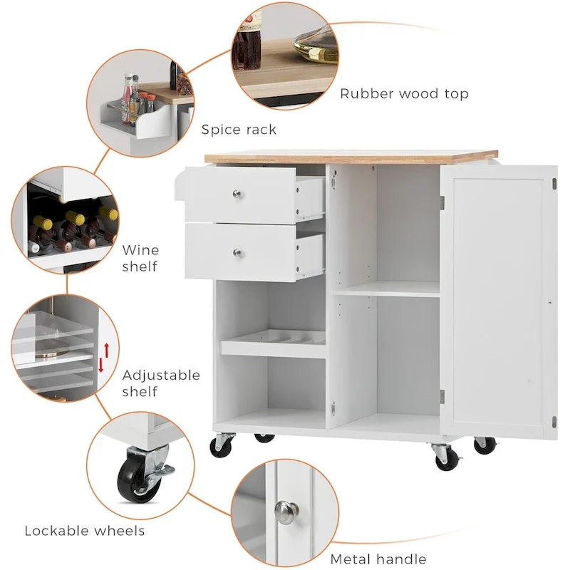 41.3 in. Rolling Kitchen Island with Spice Rack and Two Drawers