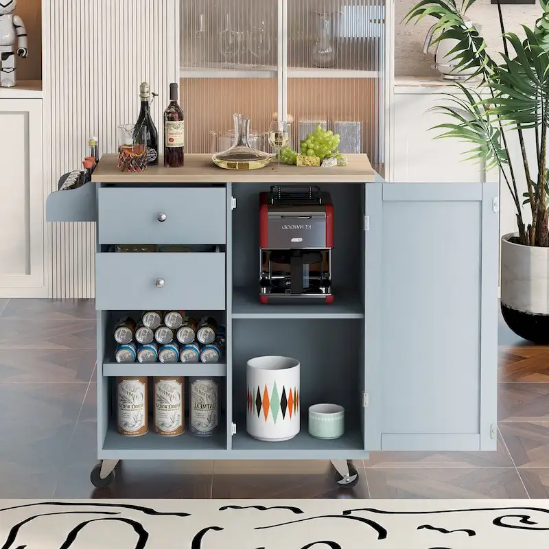 41.3 in. Rolling Kitchen Island with Spice Rack and Two Drawers