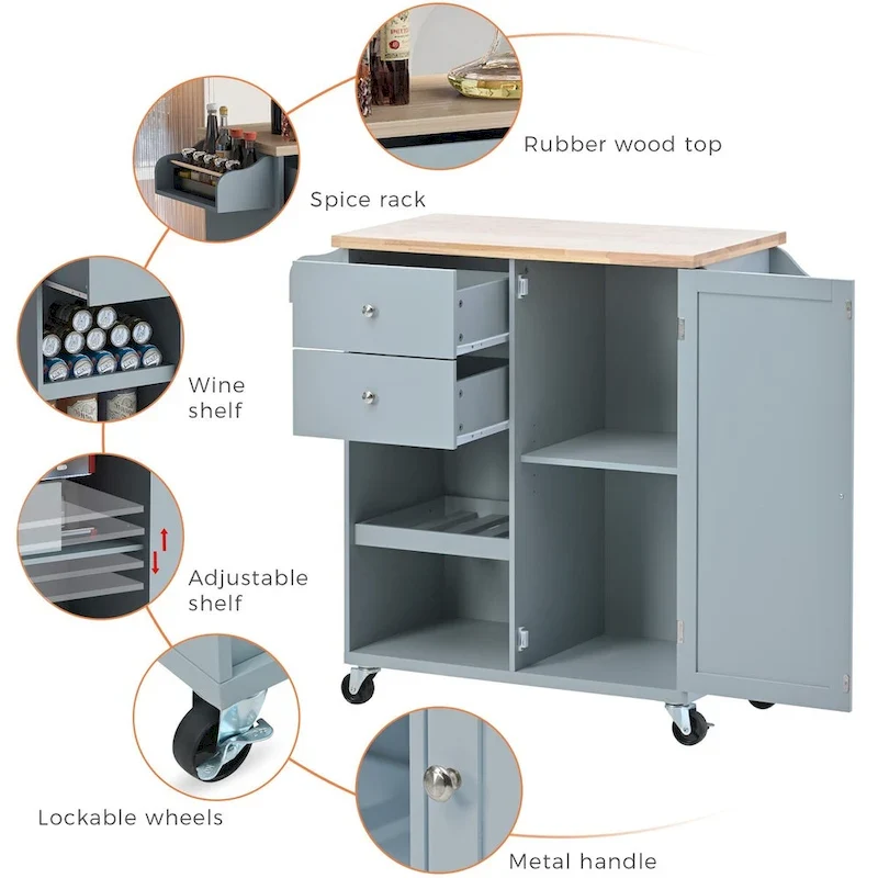 41.3 in. Rolling Kitchen Island with Spice Rack and Two Drawers
