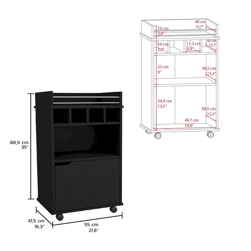 Bar Cart with 2 Open Shelves 4 Cubbies and Cabinet