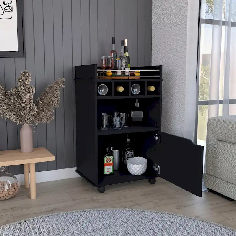 Bar Cart with 2 Open Shelves 4 Cubbies and Cabinet