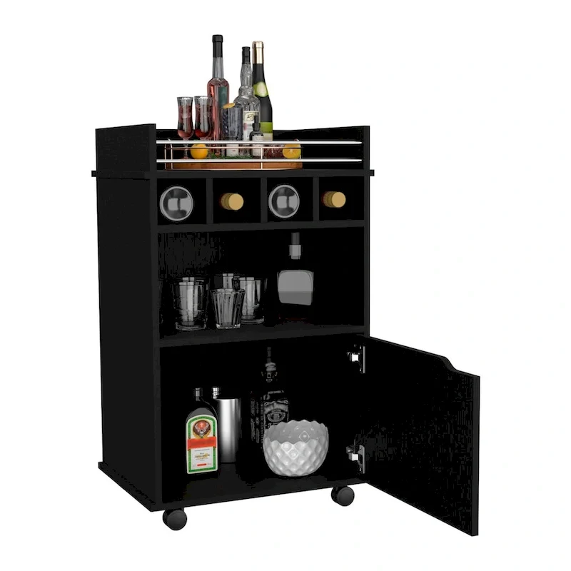 Bar Cart with 2 Open Shelves 4 Cubbies and Cabinet
