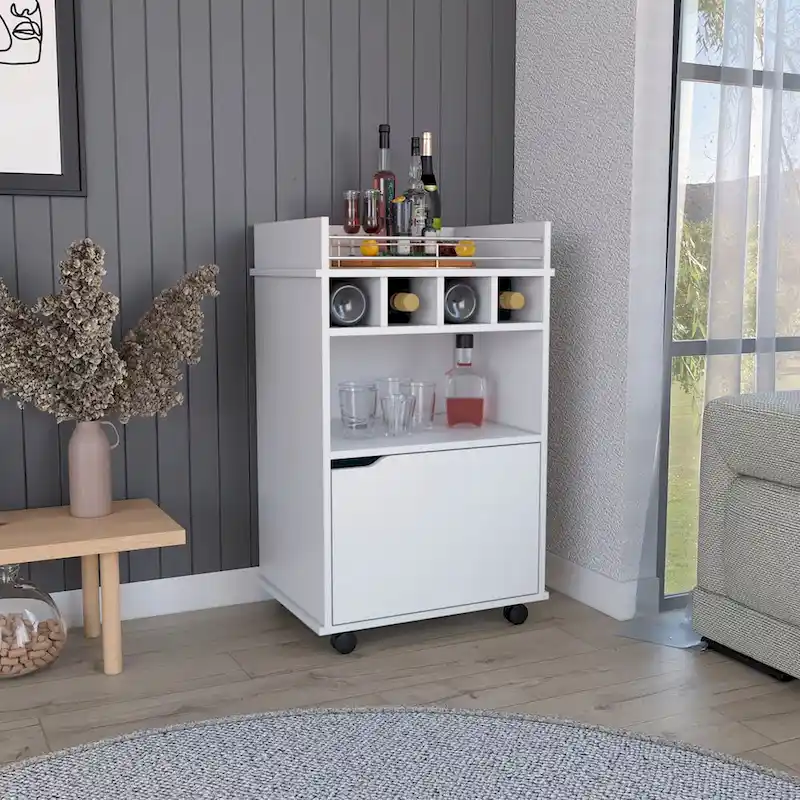 Bar Cart with 2 Open Shelves 4 Cubbies and Cabinet