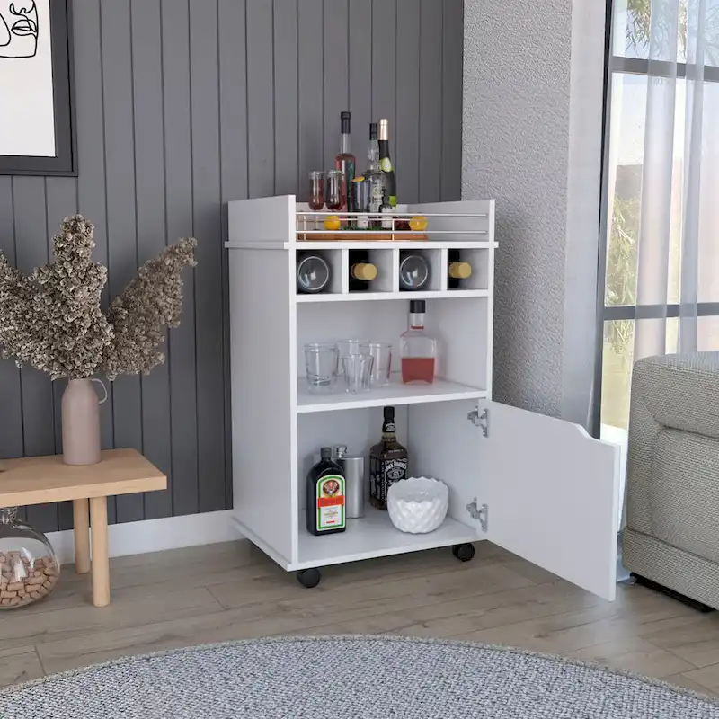 Bar Cart with 2 Open Shelves 4 Cubbies and Cabinet