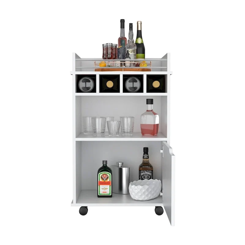 Bar Cart with 2 Open Shelves 4 Cubbies and Cabinet