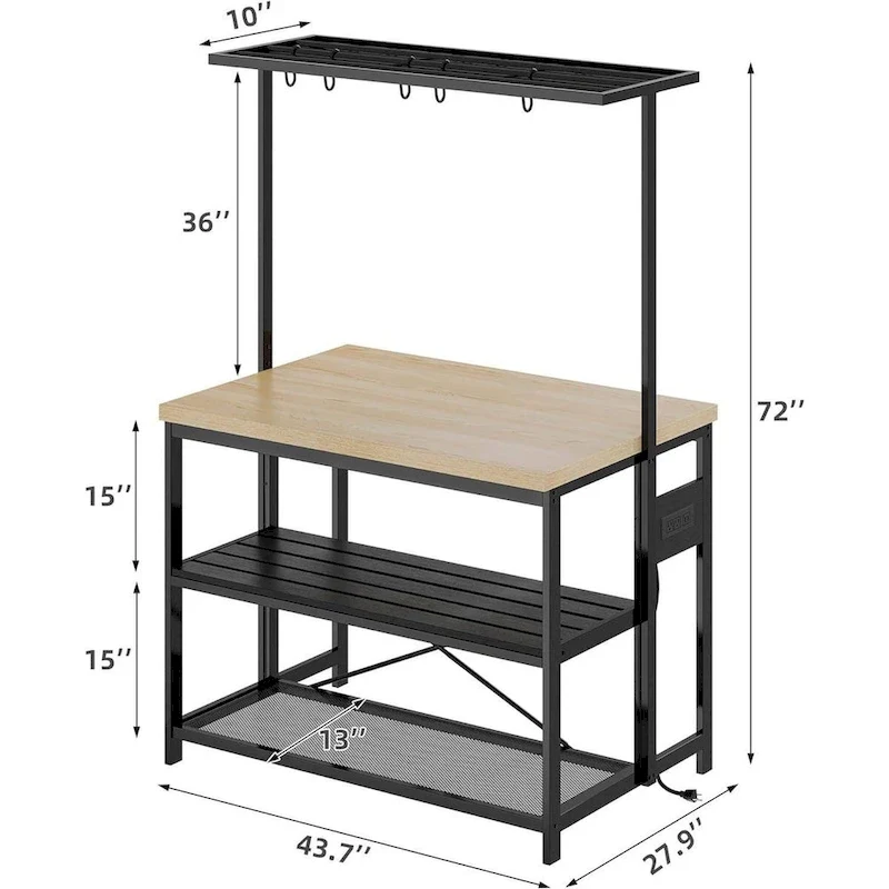 42 Kitchen Island Bakers Rack with 3 Tier Shelf and Hooks - N/A