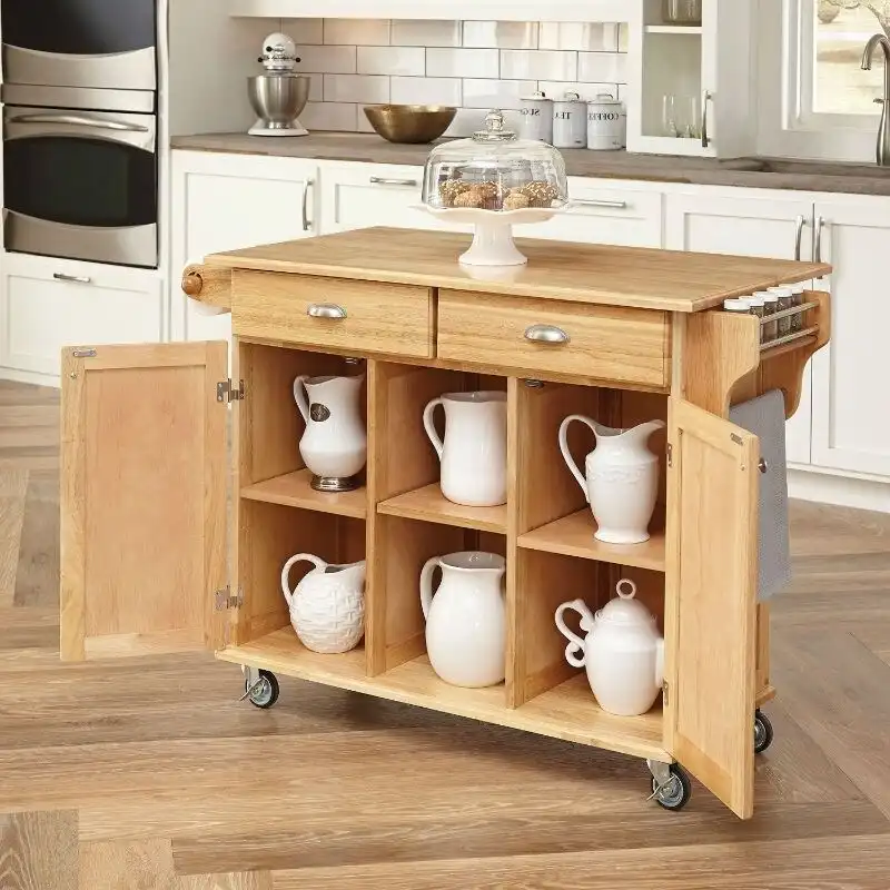Natural Wood Finish Kitchen Island Cart with Locking Casters - 24 x 49.8 x 35.2 inches