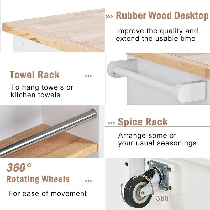 Kitchen Island on Wheels with Open Compartments and 2 Drawers