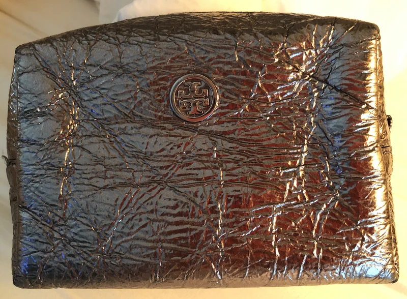 TORY BURCH Dark Silver Metallic Leather Cosmetic Bag