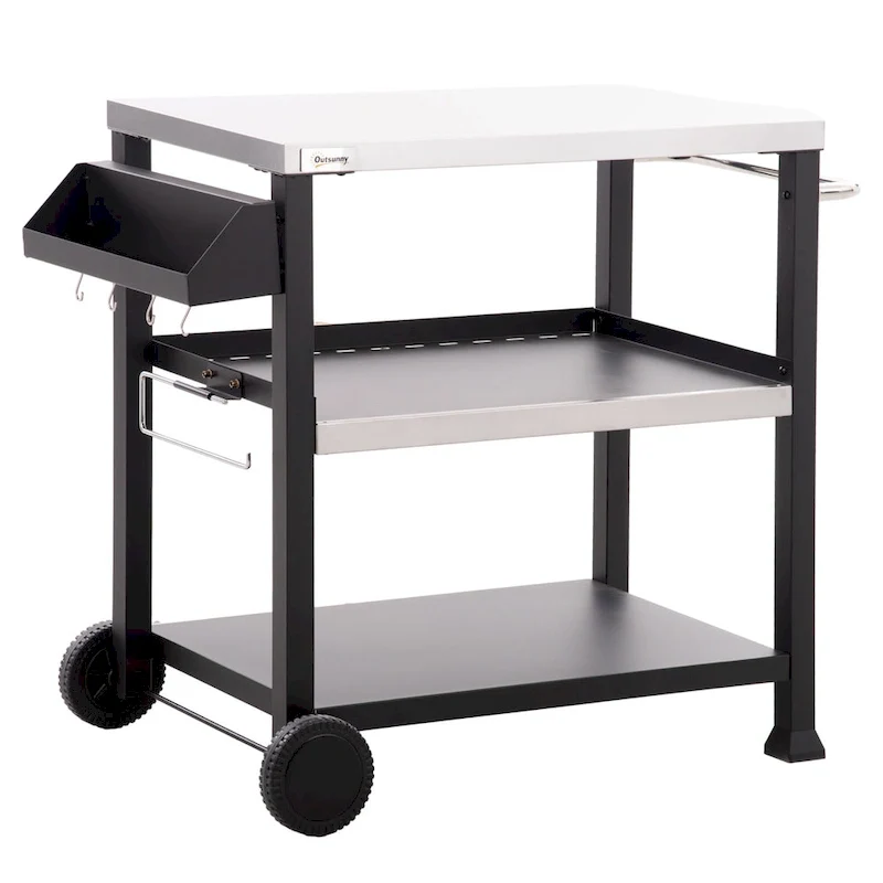 Outsunny Three-Shelf Outdoor Grill Cart with Stainless Steel Tabletop, Side Handle, 32 x 20.5 Multifunctional Pizza Oven Stand