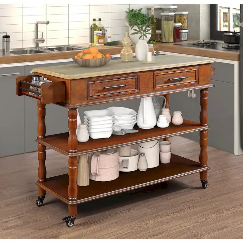 Rolling Kitchen Island Cart with Solid Oak Wood Top, Wine and Spice Rack