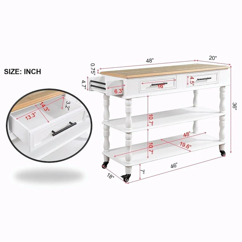 Rolling Kitchen Island Cart with Solid Oak Wood Top, Wine and Spice Rack