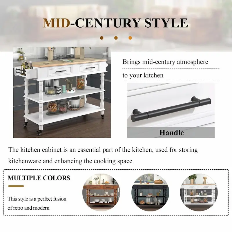 Rolling Kitchen Island Cart with Solid Oak Wood Top, Wine and Spice Rack