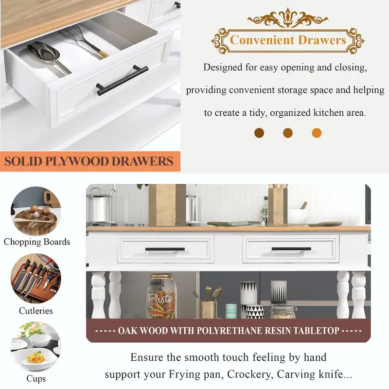 Rolling Kitchen Island Cart with Solid Oak Wood Top, Wine and Spice Rack