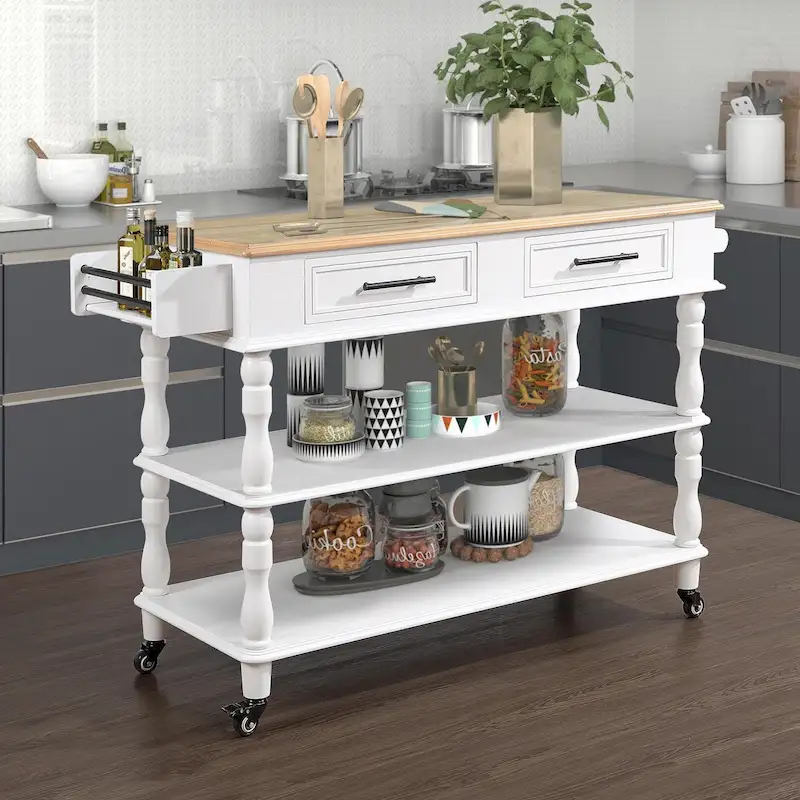 Rolling Kitchen Island Cart with Solid Oak Wood Top, Wine and Spice Rack