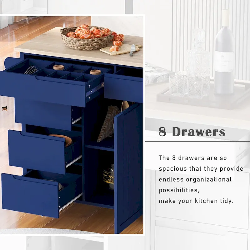 Rubberwood Kitchen Cart with Drop Leaf, Internal Storage Rack, Tableware organizer, and 8 drawers