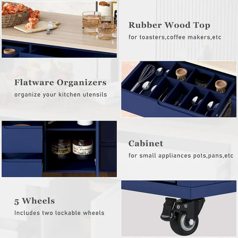 Rubberwood Kitchen Cart with Drop Leaf, Internal Storage Rack, Tableware organizer, and 8 drawers
