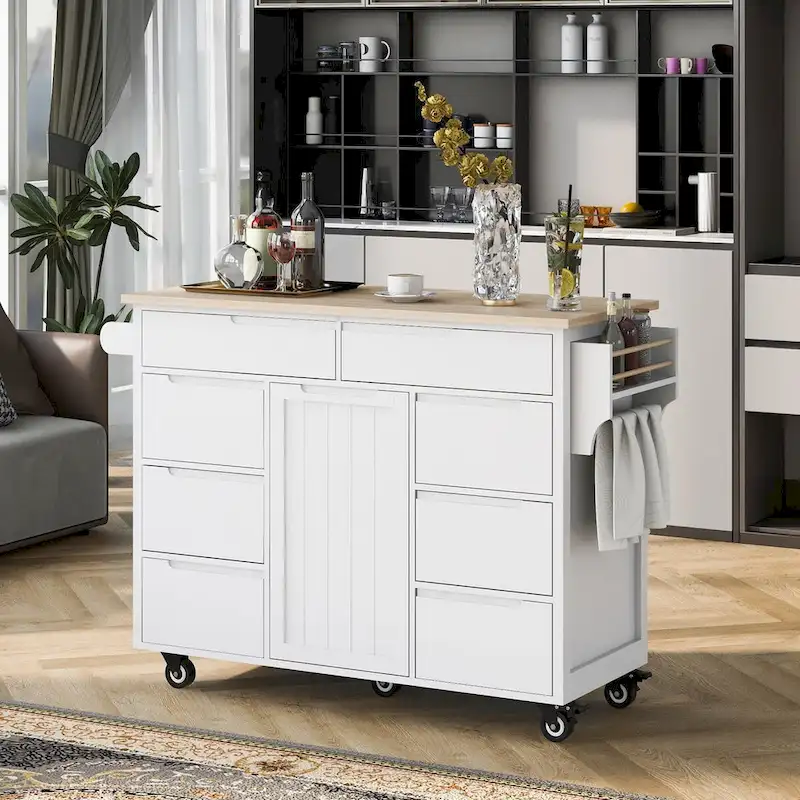 Rubberwood Kitchen Cart with Drop Leaf, Internal Storage Rack, Tableware organizer, and 8 drawers