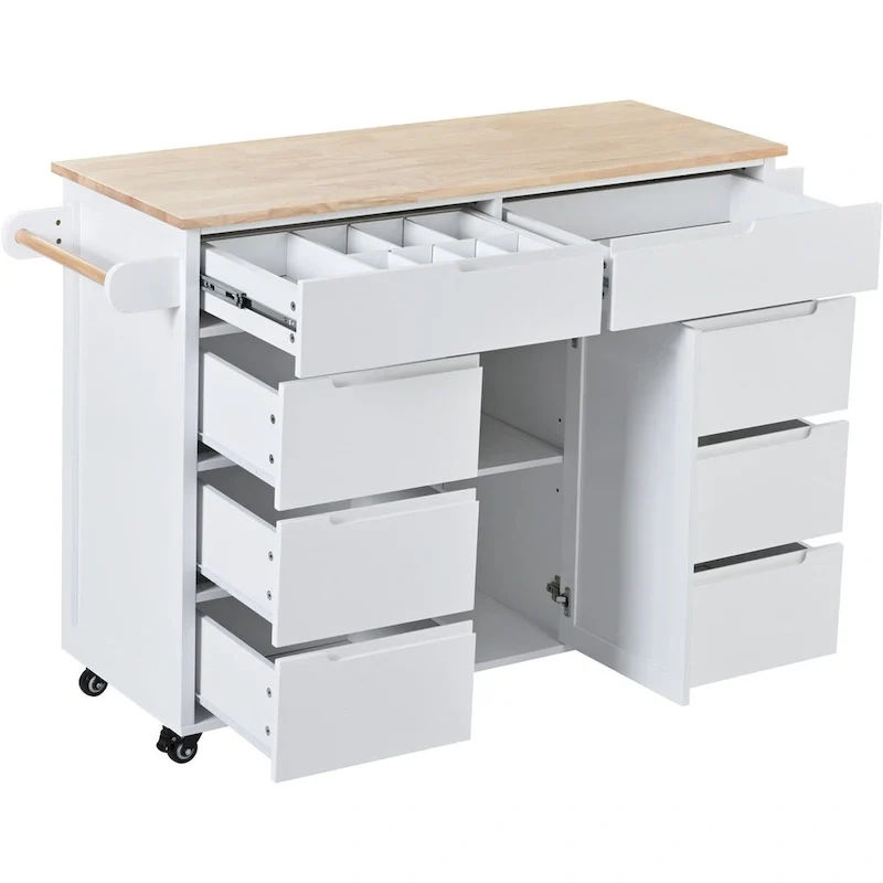 Rubberwood Kitchen Cart with Drop Leaf, Internal Storage Rack, Tableware organizer, and 8 drawers