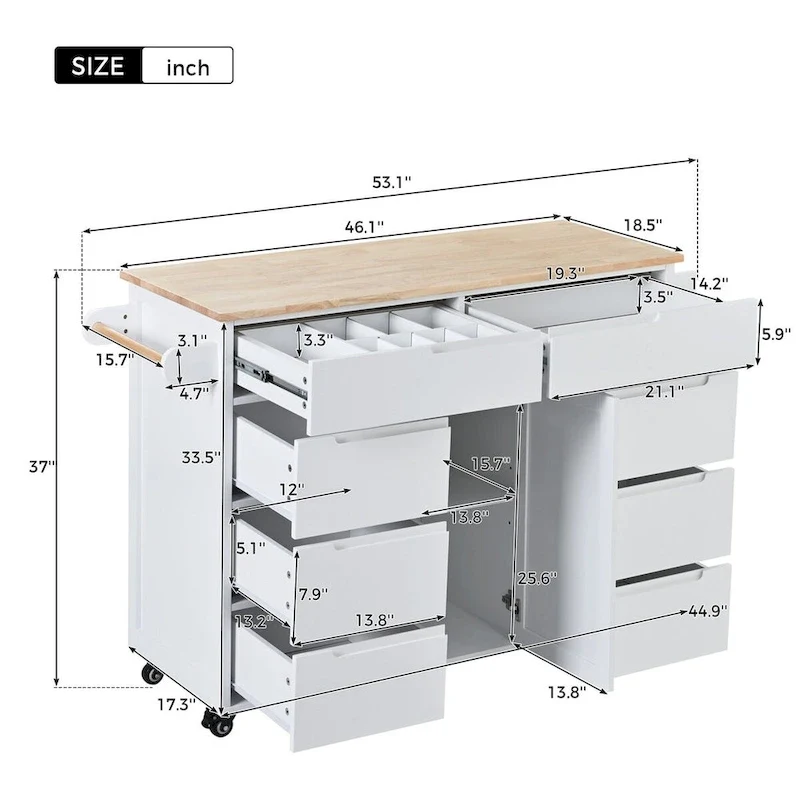 Rubberwood Kitchen Cart with Drop Leaf, Internal Storage Rack, Tableware organizer, and 8 drawers