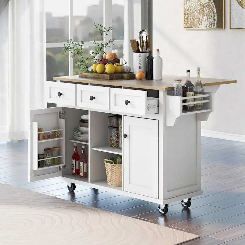 Kitchen Island on 5 Wheels with Storage Cabinet and 3 Drawers