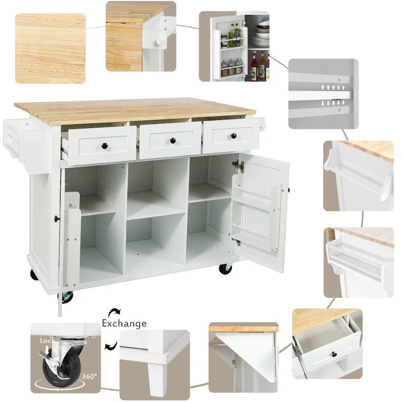 Kitchen Island on 5 Wheels with Storage Cabinet and 3 Drawers
