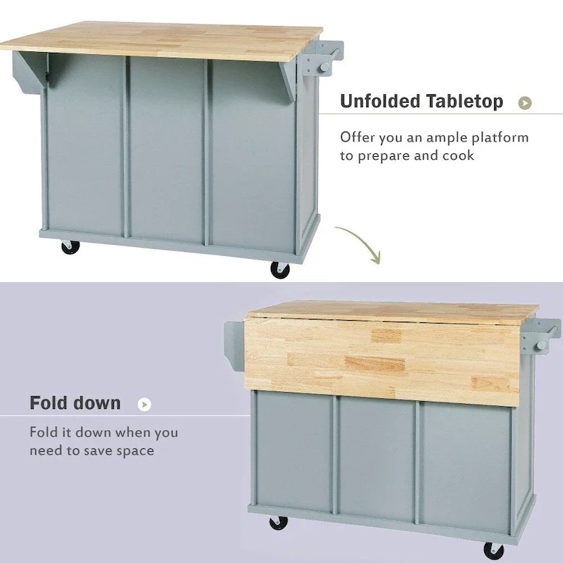 Kitchen Island on 5 Wheels with Storage Cabinet and 3 Drawers
