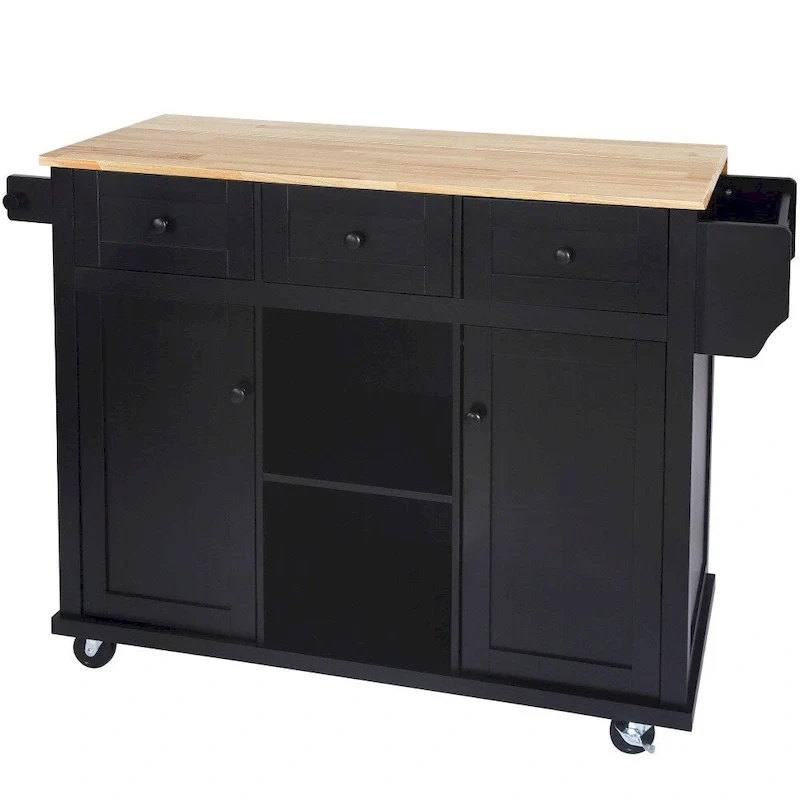 Kitchen Island on 5 Wheels with Storage Cabinet and 3 Drawers
