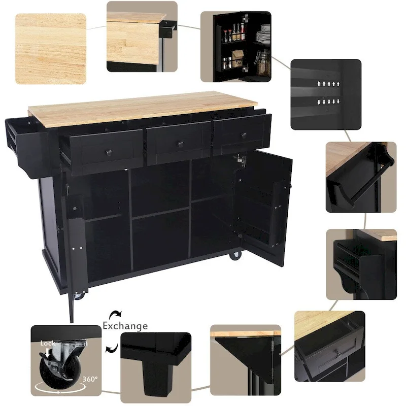 Kitchen Island on 5 Wheels with Storage Cabinet and 3 Drawers