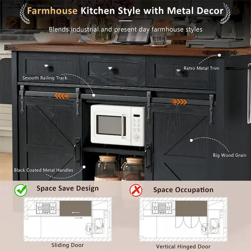 53.7 Farmhouse Kitchen Island With Power Outlet, 2 Sliding Barn Door, Kitchen Storage Island With Drop Leaf, Spice Rack