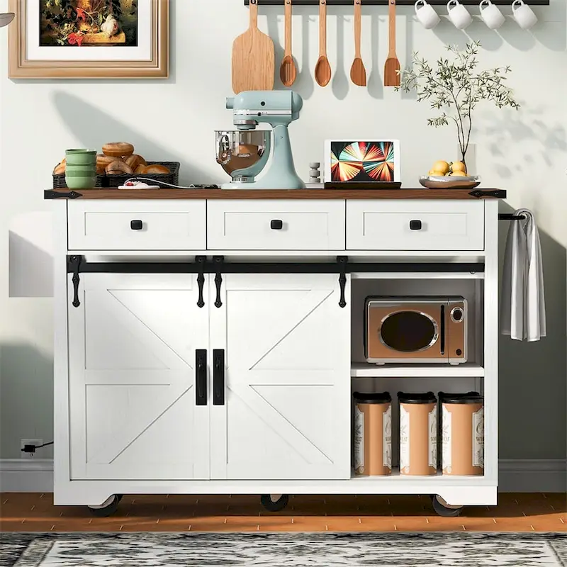 53.7 Farmhouse Kitchen Island With Power Outlet, 2 Sliding Barn Door, Kitchen Storage Island With Drop Leaf, Spice Rack