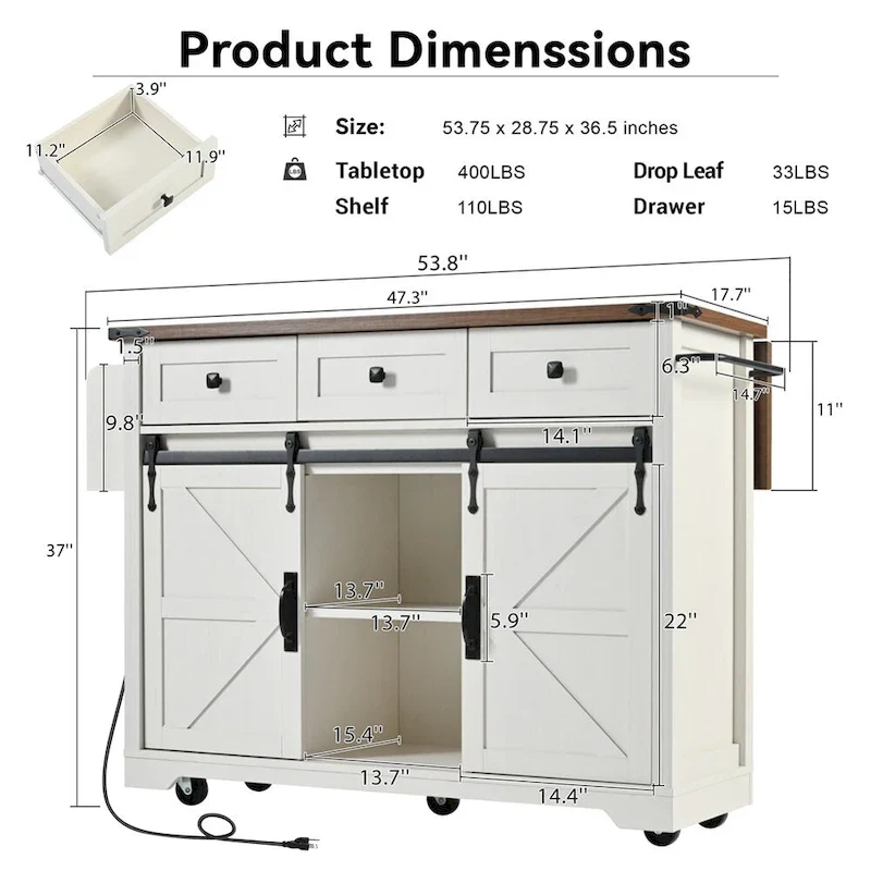 53.7 Farmhouse Kitchen Island With Power Outlet, 2 Sliding Barn Door, Kitchen Storage Island With Drop Leaf, Spice Rack