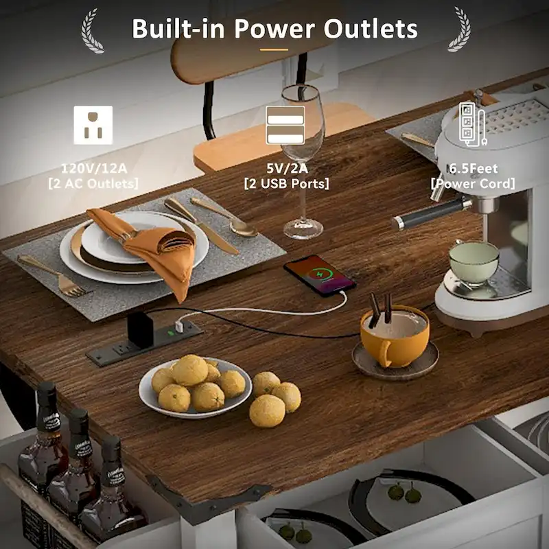 53.7 Kitchen Island, Power Outlet, 2 Sliding Barn Door Kitchen Storage Island Drop Leaf, Rack Rolling Kitchen Cart on Wheels