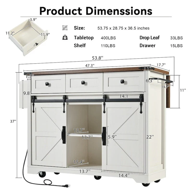 53.7 Kitchen Island, Power Outlet, 2 Sliding Barn Door Kitchen Storage Island Drop Leaf, Rack Rolling Kitchen Cart on Wheels