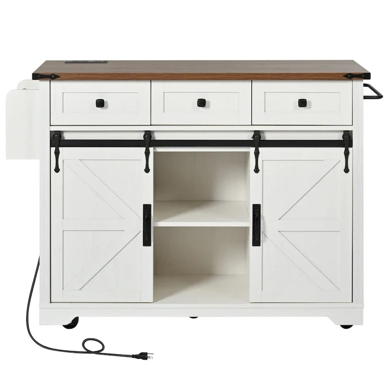 53.7 Kitchen Island, Power Outlet, 2 Sliding Barn Door Kitchen Storage Island Drop Leaf, Rack Rolling Kitchen Cart on Wheels