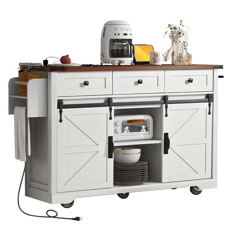 53.7 Kitchen Island, Power Outlet, 2 Sliding Barn Door Kitchen Storage Island Drop Leaf, Rack Rolling Kitchen Cart on Wheels